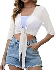 [YuYukan] Womens 3/4 Sleeve Shrug Sheer Mesh Cardigans Tie Front Cropped Lightweight Bolero Shawl Top for Casual Going Out