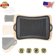 Pre-Seasoned Cast Iron Fajita Pan with Wooden Trivet - Large, Black Grill Pan