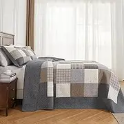 Quilta 100% Cotton California King Size Bedspread Set - Farmhouse Patchwork Plaid Rustic Quilt 120"x120"- Four Seasons Soft Lightweight Comforter,3pcs with 2 Pillowshams, Gray/Beige/Charcoal/Brown