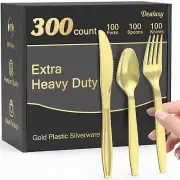 Dealusy 300 Count Extra Heavy Duty Gold Plastic Silverware 100 Forks 100 Spoo...