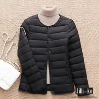 在飛比找momo購物網優惠-【JILLI-KO】短款輕薄羽絨棉服無領修身圓領保暖外套-F