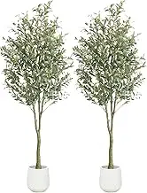 YUZU-SZ 2-Pack 180cm Artificial Olive Trees, 6ft Faux Olive Tree in Cement Pots, UV-Resistant Silk Fake Plants with Lifelike Leaves & Fruits for Indoor/Outdoor Home Decor (6ft*2pcs)