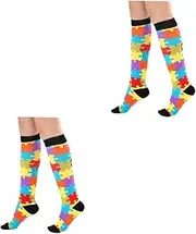 Sosoport 2pairs Compression Socks for Sports Casual Wear Breathable Support Stockings Fashionable Color Puzzle Pattern XL for Running Football and Everyday Use