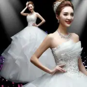 Women's Cathedral Wedding Rhinestone Floral Lace Strapless Bridal Red White HAP