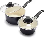 GreenLife Soft Grip Healthy Ceramic Nonstick, 1QT and 2QT Saucepan Pot Set with Lids, PFAS-Free, Dishwasher Safe, Black & Cream