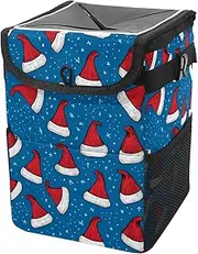 Car Trash Can with Lid and Storage Pockets Leak-Proof Organizer,Multipurpose Trash Bin for Car,Cartoon Christmas Blue Red Hat