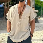 Men's Shirt Summer Shirt Casual Shirt Button Up Shirt Beige Short Sleeve Plain V Neck Vacation Hawaiian Pocket Clothing Apparel Polyester Fashion Casual Comfor