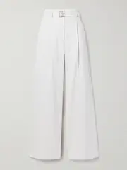 [Proenza Schouler] Proenza Schouler - Dana Belted Faux Leather-trimmed Pleated Cotton And Linen-blend Wide-leg Pants - Ecru - US14 US 14 Ecru