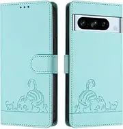 ScandiCasis SC Google Pixel 8 Pro Flip Case, Cat Pattern Leather Cover with [Card Slots] [RFID] [Wallet] [Kickstand] Shockproof Case, Mint Green