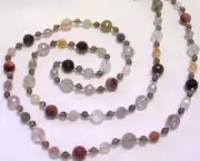31" HAND KNOTTED FACETED RUTILATED MIXED QUARTZ BEADED NECKLACE EARRING SET