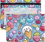 Cartoon Desert Colorful Cute Rings Binder Pouches with Clear Window Zipper with Zipper Reinforced Grommets 3 Rings Zipper Binder for Storing School Students Teacher Supplies