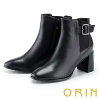 在飛比找momo購物網優惠-【ORIN】皮帶釦環真皮粗高跟短靴(黑色)