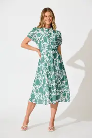 Farida Midi Dress Short Sleeve in White with Green Floral Cotton Blend 8