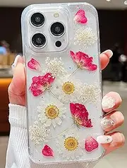 [ELEPIK] Real Flower Series for iPhone 14 Pro Max Case Clear, [Handmade Real Flower Design] Glitter Cute Floral Pattern Slim Soft TPU Protective Women Girl's Phone Cover, Red
