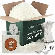 [Hearth & Harbor] Natural Soy Wax and DIY Candle Making Supplies - 5 Lbs Soy Candle Wax Flakes with 100 Cotton Wicks, 2 Metal Centering Devices.