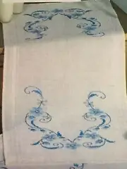 Vervaco Stamped Cross Stitch Table Runner 14" x 44" ~ Linen only~ BLUE FLORAL