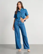 [Jag] Jag Women's Loe Denim Short Sleeve Shirt In Blue Vintage Size 14 14 Blue