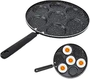 TUWEI Egg Frying Pan, Non Stick, Iron 7 Holes, Round, Wooden Handle, Universal, Uniform Heating, Fast Cooking, Gas & Induction Compatible
