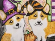 PEMBROKE WELSH CORGI Witches 8 x 10 Art Print Signed Artist KSams Halloween Dogs