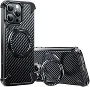 Jarttarn Metal Case Compatible with iPhone 16 Pro Max, Carbon Fiber Magnetic Phone Case with 360° Rotatable Ring Stand, Bezel-Less Cooling Protective Cover for iPhone 16PM (Black)
