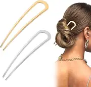 YUXIANLB 2Pcs Large French Hair Pins, Metal U-Shaped Hair Sticks, Metal 2 Prong Hair Fork, Metal French Twist Hair Pin Fork, Vintage Gold and Silver Hair Pins for Buns, Long and Thick Hair