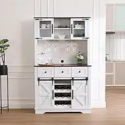 DM Furniture Coffee Bar Cabinet with Sliding Barn Doors 71'' Farmhouse White Pantry Cabinet with Drawers & Wine Glass Rack Rustic Buffet Cabinet for Kitchen, Brown