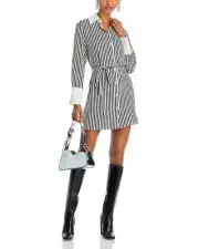 AQUA Women's Striped Button Front Shirt Dress, Black/White, XL