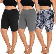 Hi Clasmix 3 Pack Plus Size Biker Shorts for Women(1X-4X)-High Waisted Non-See Through Workout Super Soft Black Yoga Shorts