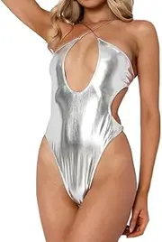 [YAUASOPA] Liquid Girdle with Belt Metallic Glitter One Piece Swimsuit Female Shiny Bikini