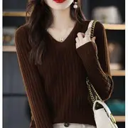 Long-Sleeve V-Neck Plain Ribbed Knit Top Coffee - One Size