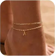 [Tasiso] Initial Ankle Bracelets for Women，Layered Waterproof Anklet for Women 14K Gold Filled Anklets Layering Thin Figaro Letter Anklet Summer Jewelry Gifts for Women