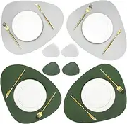Olrla Placemat and Coaster Set 4, PU Leather Dual Sided 4 Table Mats and 4 Coasters Wipeable Waterproof for Home Restaurant Dining Table Indoor Outdoor (Green/Grey)