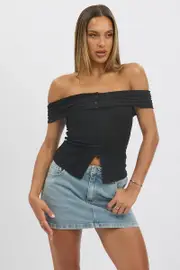 Black Off Shoulder Top Rib - Size 14L, Women's Top