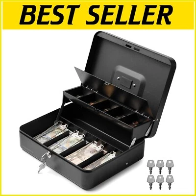 Durable Key Lock Metal Cash Box with Portable Handle - 12L Safe Organizer