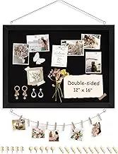 Double-Sided Black Cork Board with Linen, 16" x 12" Hanging Wood Framed Small Bulletin Board, Picture Display Vision Board Kit Corkboards for Wall Room School Office Decor, 20 Pushpins