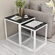 Square Side Table Set of 2, Coffee Table End Table with Smooth Tempered Glass Top, Sofa Table with Metal Frame Modern Nesting Tea Table Set for Living Room, Balcony, Bedroom, Apartment, Smal(Black Gla