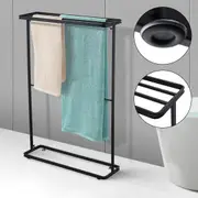 95CM 2-Tier Towel Rack Rail Freestanding Holder Bathroom Organizer Laundry Drying Bar Leveling Feet Black