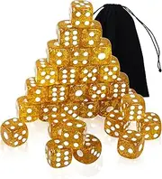 Pack of 50 Transparent Dice Set, 16 mm Acrylic Dice in Glitter Gold, 6-Sided Colourful Dice Set with Rounded Corners, D6 Standard Dice with Pockets for Game, Party, Poker, Teaching Math