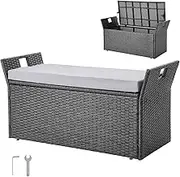 VEVOR Outdoor Storage Bench, 2-Person PE Rattan Storage Bench, 151L Deck Box with Cushion & Side Handle, Supports up to 181kg, Weatherproof Outdoor Seating & Porch Decor for Patio Garden Balcony
