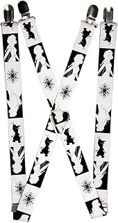 [Buckle-Down] Disney Suspenders, Frozen 2 Anna Olaf Elsa Silhouette Pose Blocks Black White, 1.0 Inch Wide, White