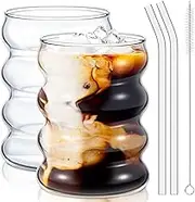 Drinking Glasses with Glass Straw - 5Pcs 14oz Glassware Set, Glass Cups with Wave Shape Design, Bubble Cup for Iced Coffee, Matcha, Wine, Juice, Tea, Beer, Beverage, Milk, Soda, Cocktails