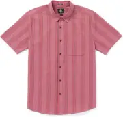 Volcom Men's Newbar Stripe Short Sleeve Button Down Shirt | Ruby Red | Sz-Medium