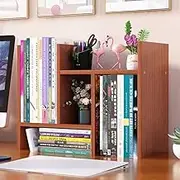 Hbluefat Desktop Organizer Office Storage Rack,Small Adjustable Wood Display Shelf, Expandable Desk Bookshelf, Mini Countertop Bookcase (Teak)