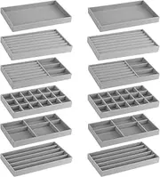 12Pcs Velvet Jewelry Trays, FHDUSRYO Stackable Jewelry Drawer Organizer, Large Removable Display Jewelry Tray, Necklace Bracelet Storage Box for Earring, Ring, Brooch, Watch (Grey)
