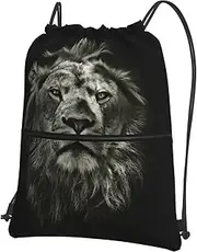 EdWal Black Lion Print Drawstring Backpack Gym Bags Sports Bags With Zipper Pocket For Travel Beach, Black, One Size