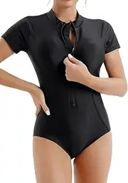 [Generic] One Piece Boyleg Rash Guard for Women Modest Swimsuits Zipper Athletic Swimwear Short Sleeve Bathing Suit
