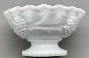 Vintage White Milk Glass Footed Grape/Leaves Patterned Fluted Rim Bowl