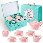 13 Pcs Porcelain Tea Sets for Little Girls,Pastel Polka Dots, Kids Mini Kitchen Tea Party Sets for Ages 3-9