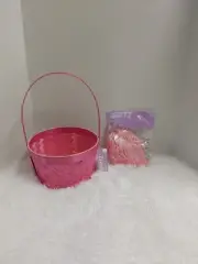 Spritz Pink Bamboo Easter Basket W/Handle & Spritz Pink Easter Grass BNWT!