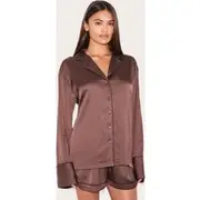 Chocolate Satin Piping Long Sleeve Short Pj Set, Chocolate